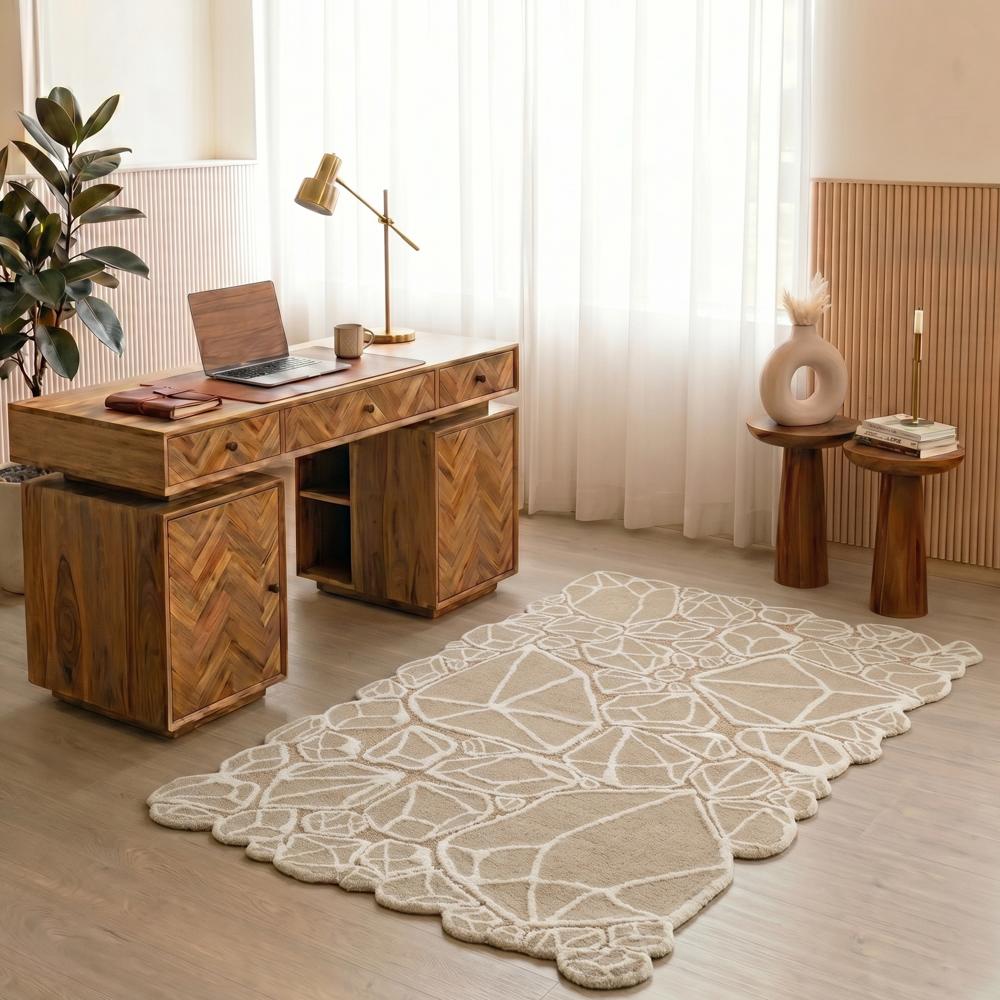 Hand Tufted Beige and White Wool Silk Rug, Modern Geometric Abstract Pattern, Irregular Scalloped Area Carpet for Living Room and Bedroom, Contemporary Boho Home Decor