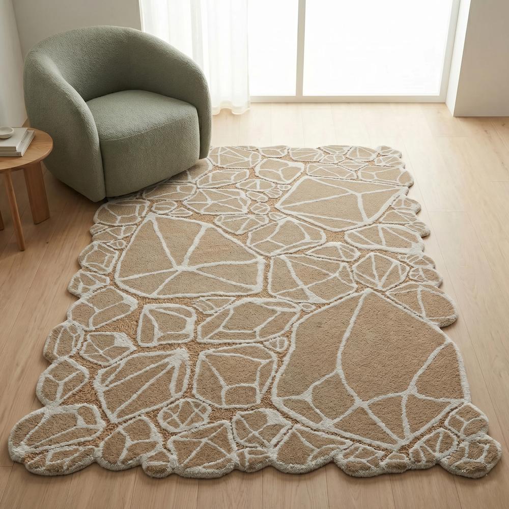 Hand Tufted Beige and White Wool Silk Rug, Modern Geometric Abstract Pattern, Irregular Scalloped Area Carpet for Living Room and Bedroom, Contemporary Boho Home Decor