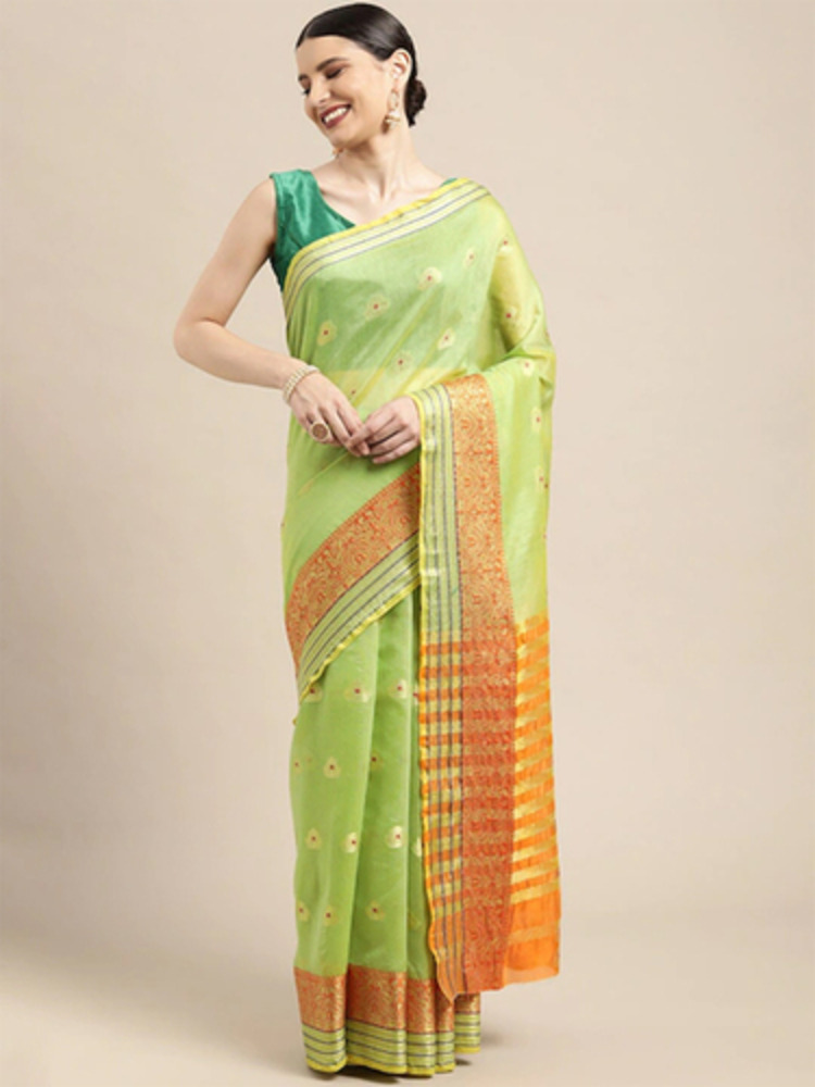 Printed Cotton Sarees - Cotton, 5.5 Meters X 1.1 Meters, Light Green | Floral Pattern, Plain Weave, Ideal For Traditional Attire, Weddings, And Festivals