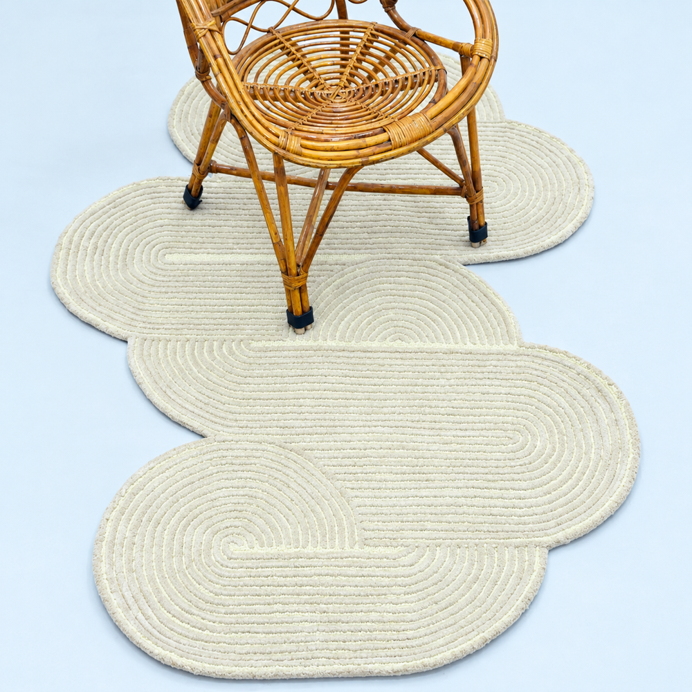Handmade Ivory Cream Braided Rug With Unique Abstract Shape, Sculptural Loop Pattern, Soft Textured Area Carpet For Living Room And Bedroom Decor - Backing Material: Canvas Latex