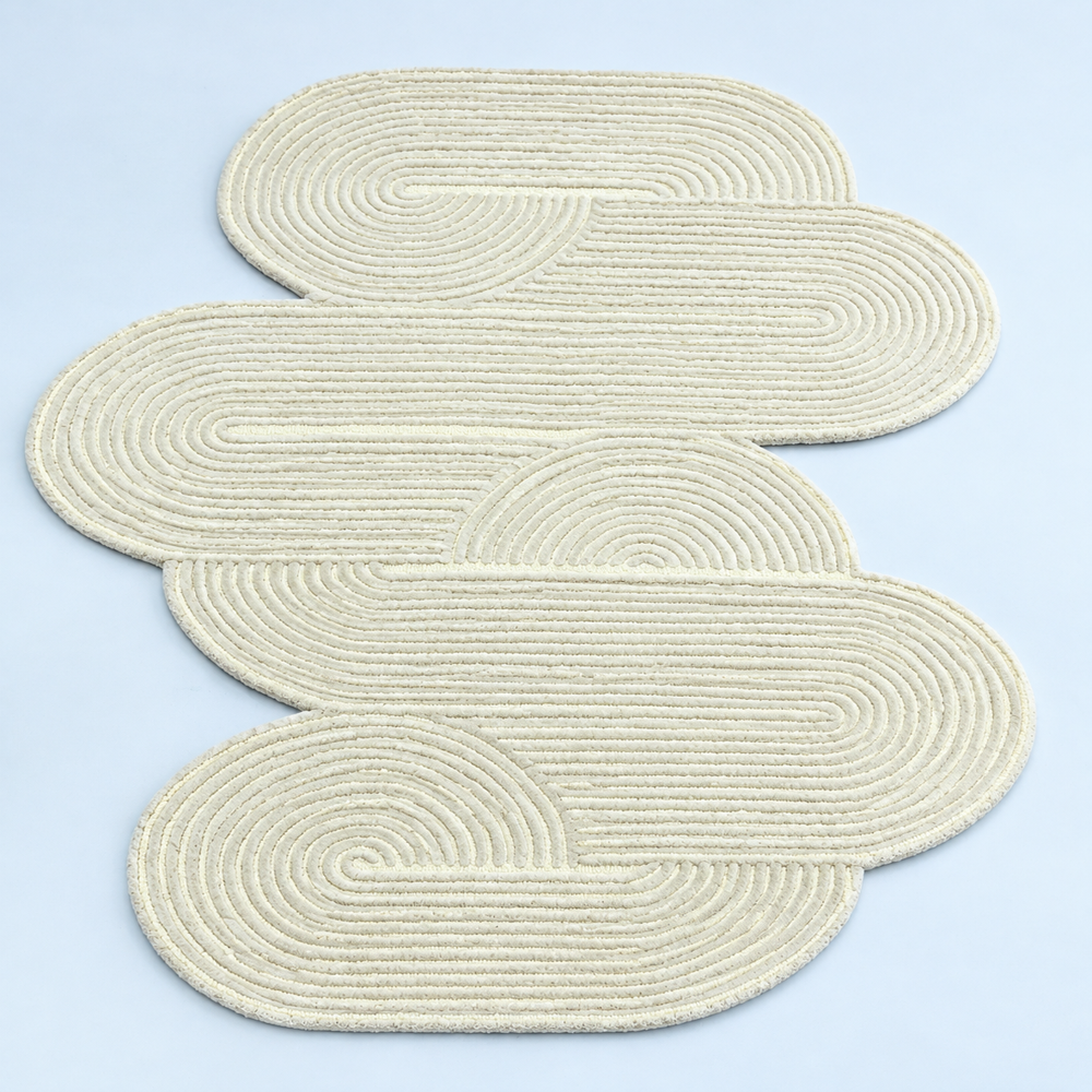 Handmade Ivory Cream Braided Rug with Unique Abstract Shape, Sculptural Loop Pattern, Soft Textured Area Carpet for Living Room and Bedroom Decor