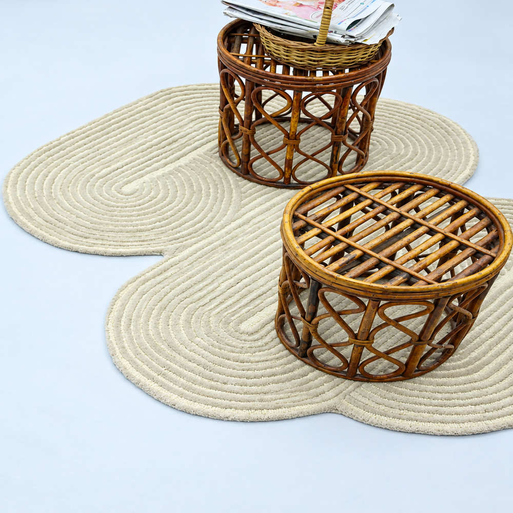 Handmade Ivory Cream Braided Rug with Unique Abstract Shape, Sculptural Loop Pattern, Soft Textured Area Carpet for Living Room and Bedroom Decor