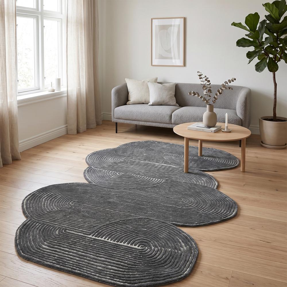 Hand Tufted Charcoal Grey And Ivory Abstract Wool Rug With Unique Organic Shape And Modern Curved Pattern For Living Room Decor - Backing Material: Canvas Latex