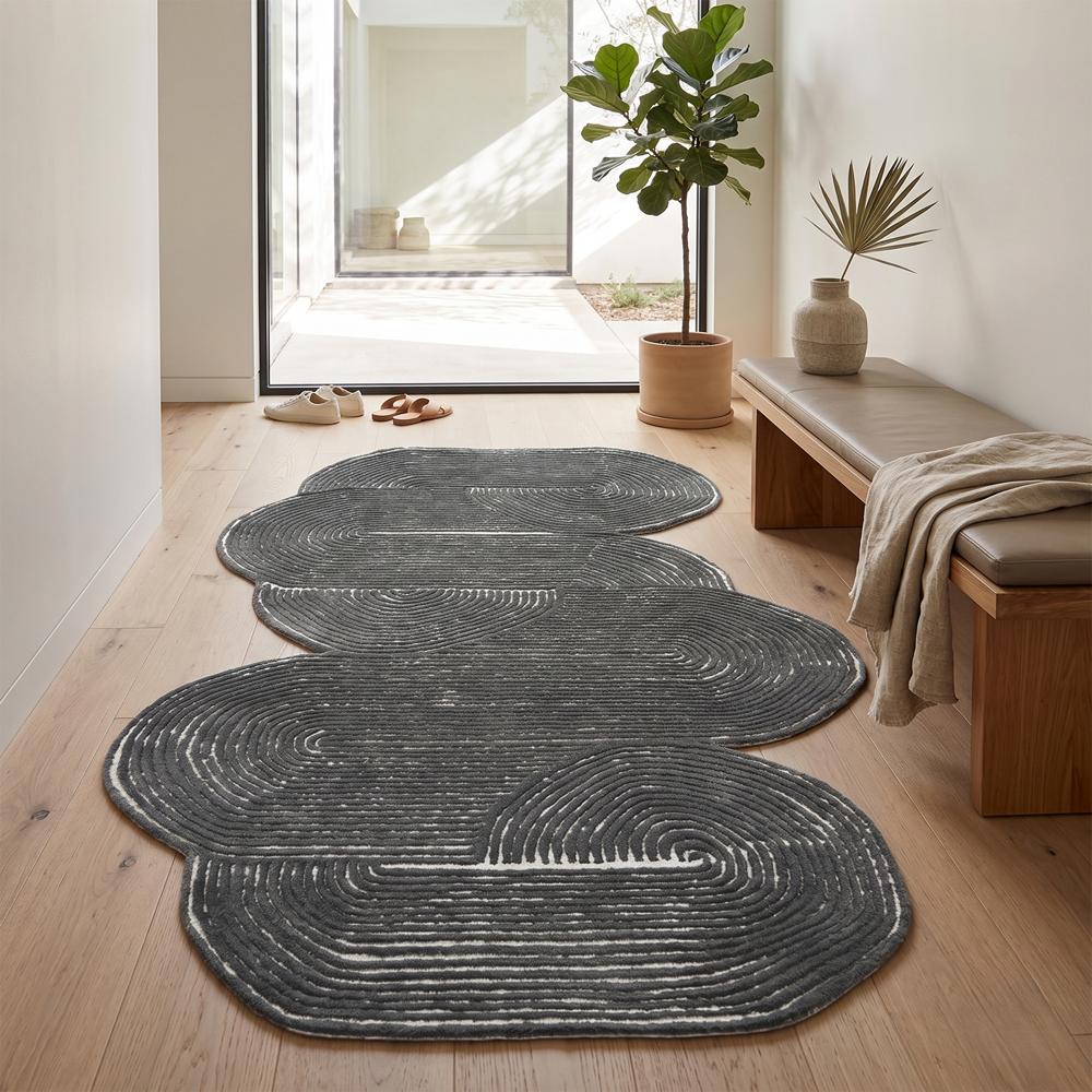 Hand Tufted Charcoal Grey and Ivory Abstract Wool Rug with Unique Organic Shape and Modern Curved Pattern for Living Room Decor