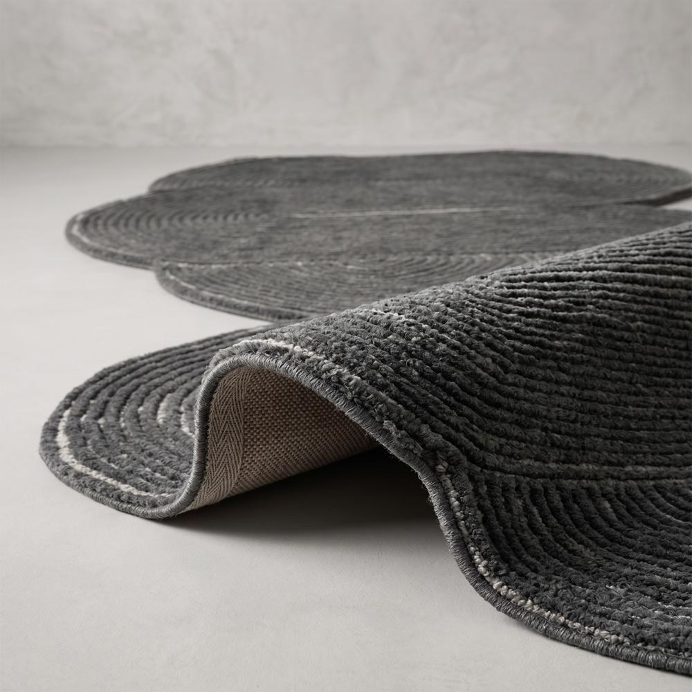 Hand Tufted Charcoal Grey and Ivory Abstract Wool Rug with Unique Organic Shape and Modern Curved Pattern for Living Room Decor