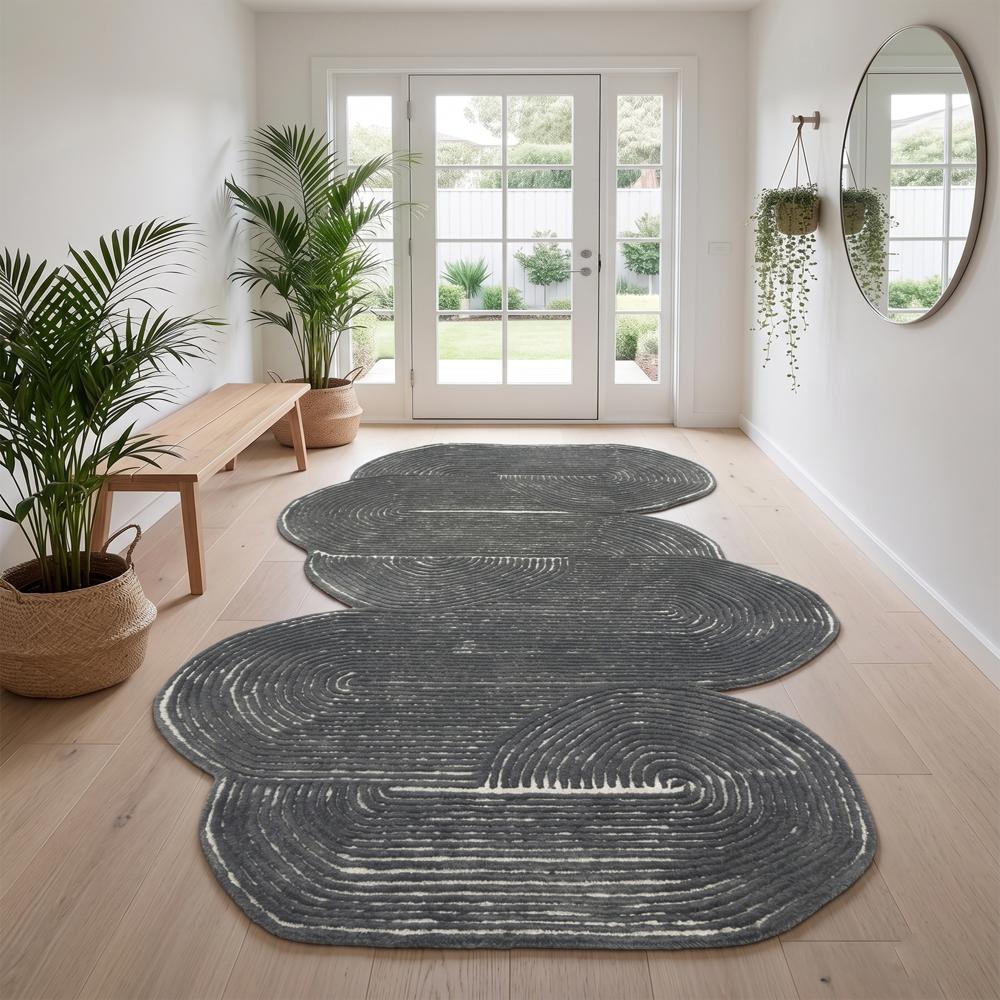 Hand Tufted Charcoal Grey and Ivory Abstract Wool Rug with Unique Organic Shape and Modern Curved Pattern for Living Room Decor