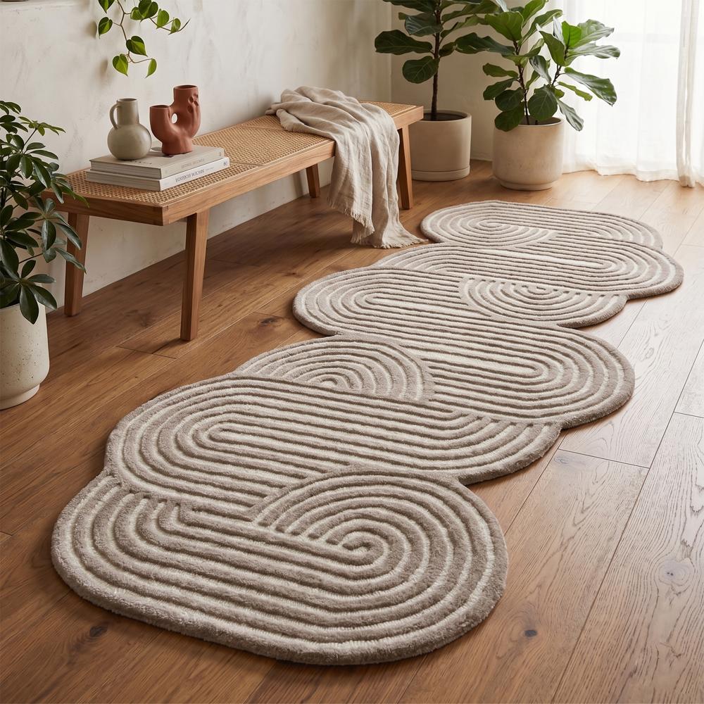 Hand Tufted Abstract Wool Runner Rug in Beige and Cream with Irregular Shape for Modern Hallway and Living Room
