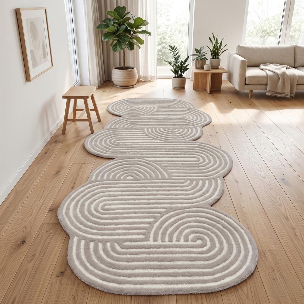 Hand Tufted Abstract Wool Runner Rug in Beige and Cream with Irregular Shape for Modern Hallway and Living Room
