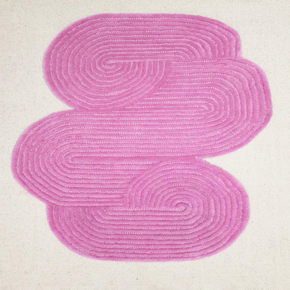 Hand Tufted Pink Wool Rug with Abstract Organic Shape and Raised Swirl Pattern for Modern Living Room and Bedroom Decor