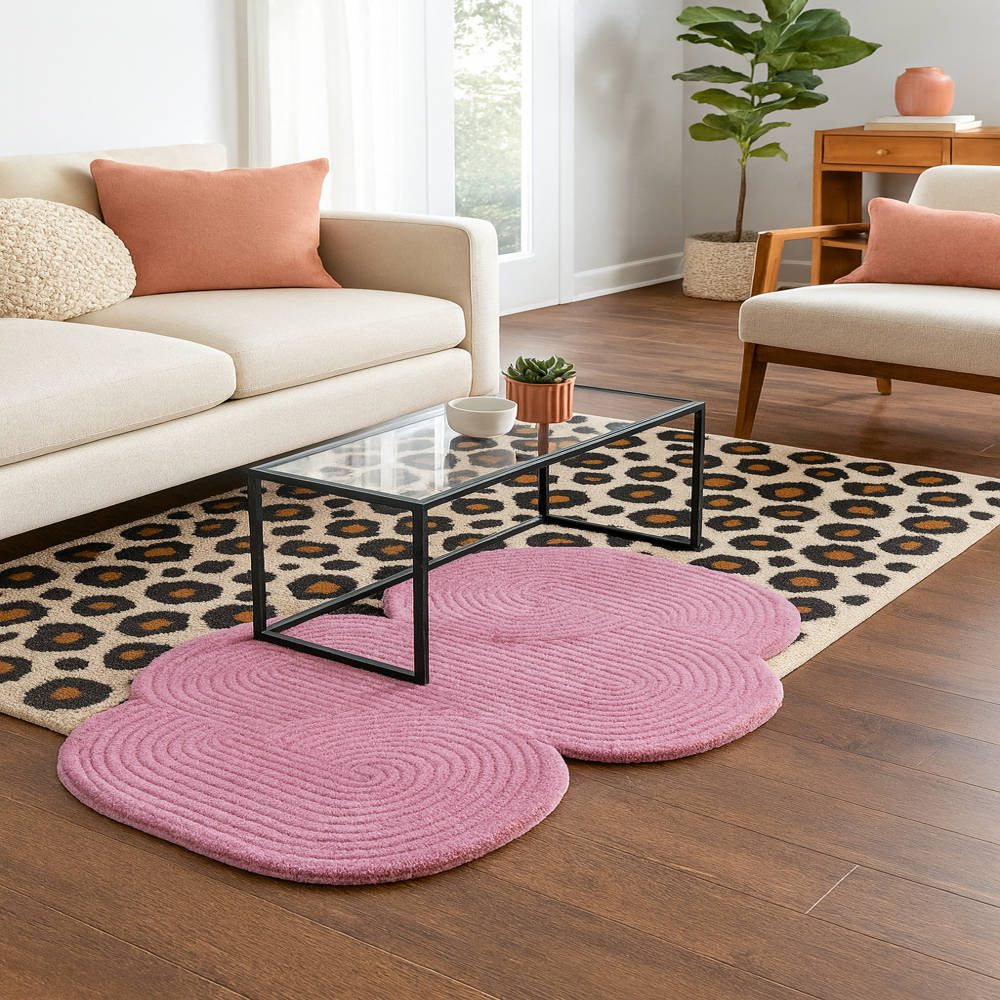 Hand Tufted Pink Wool Rug with Abstract Organic Shape and Raised Swirl Pattern for Modern Living Room and Bedroom Decor