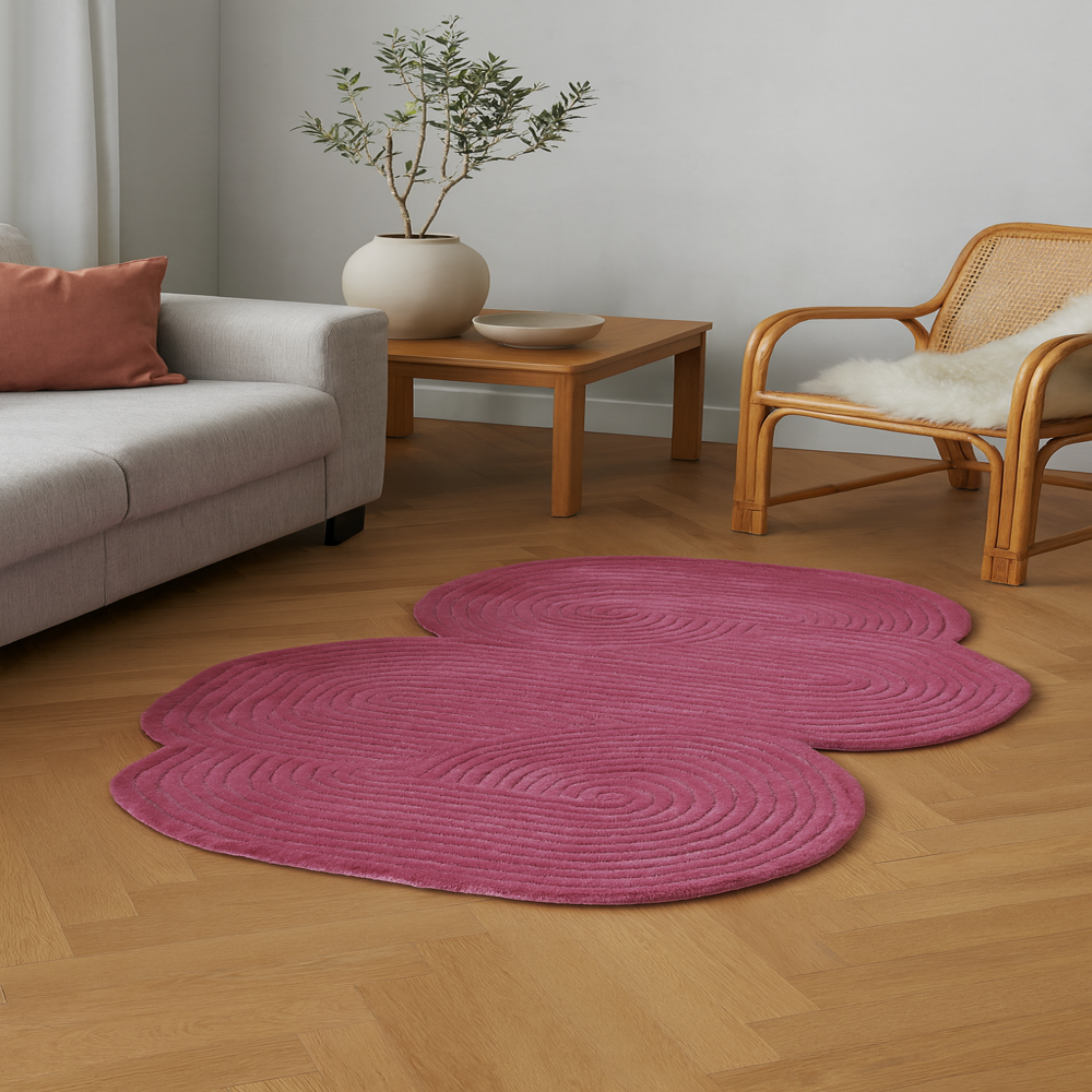 Hand Tufted Pink Wool Rug with Abstract Organic Shape and Raised Swirl Pattern for Modern Living Room and Bedroom Decor