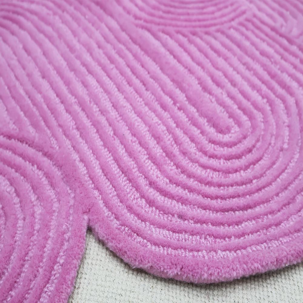 Hand Tufted Pink Wool Rug with Abstract Organic Shape and Raised Swirl Pattern for Modern Living Room and Bedroom Decor