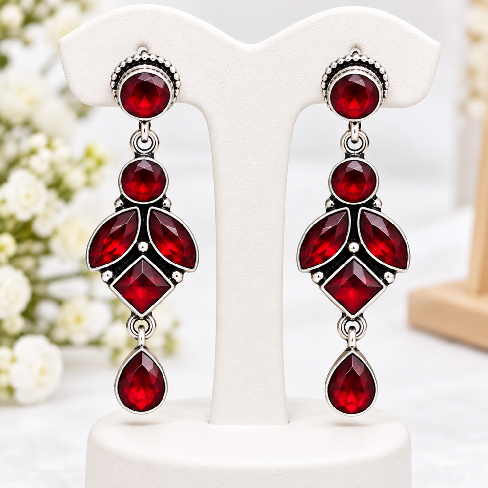 Red Stone Dangle Earrings - Gender: Women