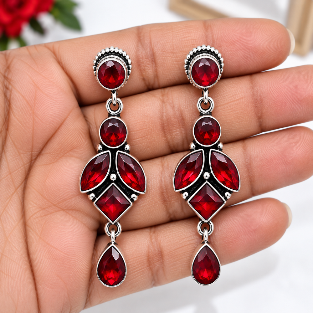 Red Stone Dangle Earrings - Gender: Women