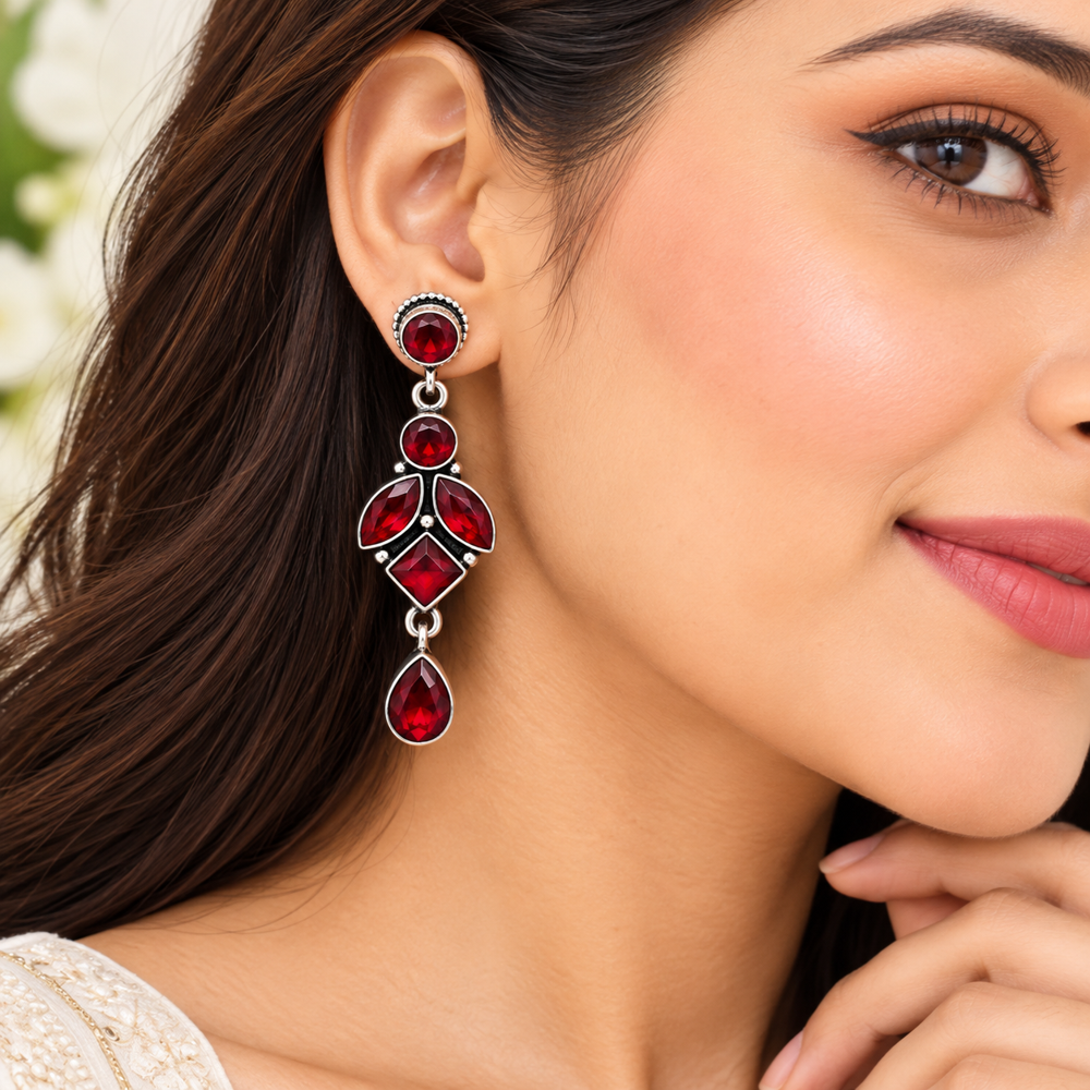 Red Stone Dangle Earrings - Gender: Women
