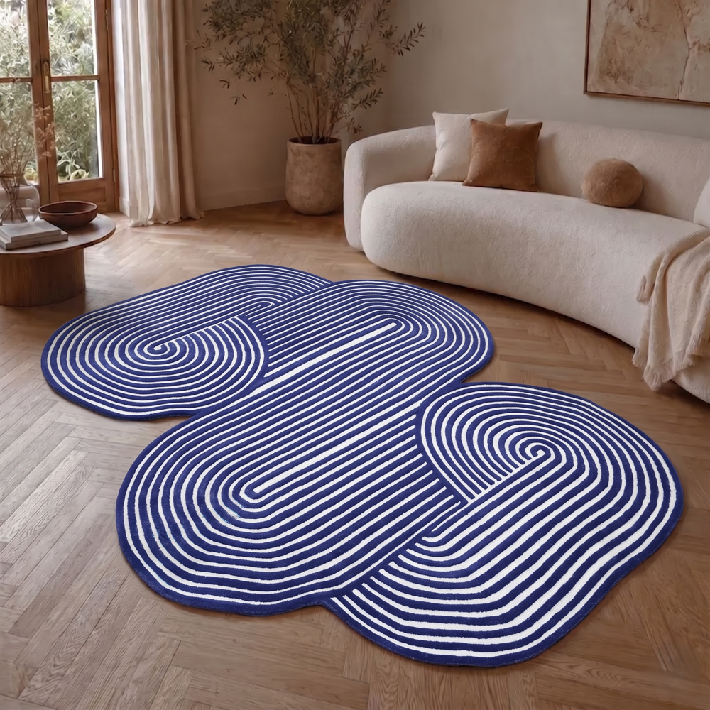 Hand Tufted Blue and White Wool Rug with Abstract Organic Shape and Raised Swirl Pattern for Modern Living Room Decor