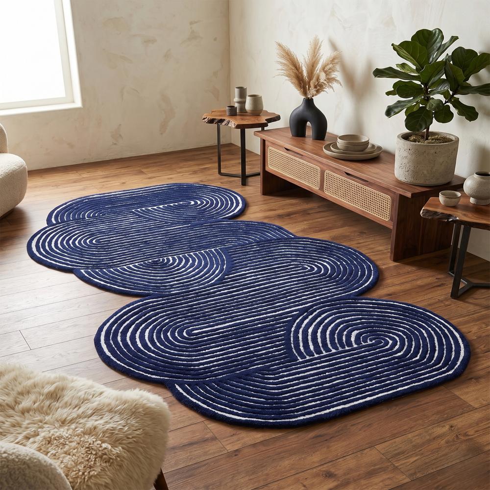 Hand Tufted Blue and White Wool Rug with Abstract Organic Shape and Raised Swirl Pattern for Modern Living Room Decor