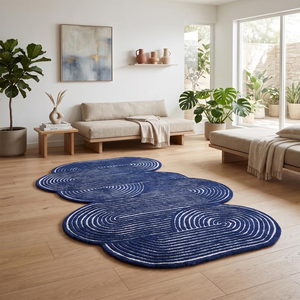 Hand Tufted Blue and White Wool Rug with Abstract Organic Shape and Raised Swirl Pattern for Modern Living Room Decor
