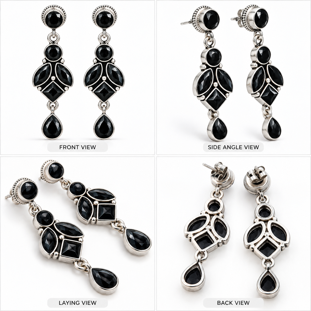 Black Gemstone Silver-Tone Dangle Earrings For Women Wholesale Manufacturer - Grade: A