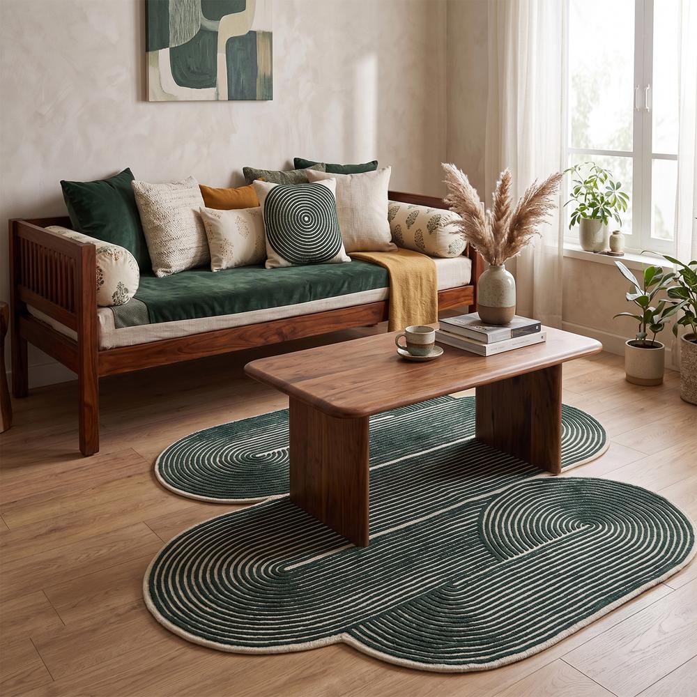 Hand Tufted Dark Green and White Abstract Wool Rug with Irregular Organic Shape and Raised Linear Pattern for Modern Home Decor