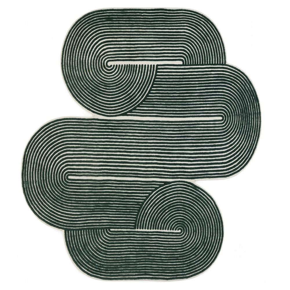 Hand Tufted Dark Green and White Abstract Wool Rug with Irregular Organic Shape and Raised Linear Pattern for Modern Home Decor