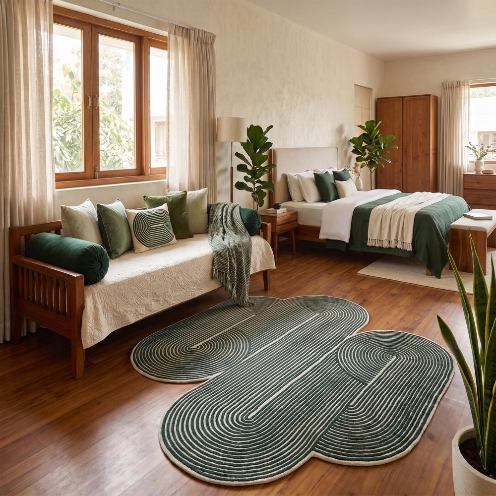 Hand Tufted Dark Green and White Abstract Wool Rug with Irregular Organic Shape and Raised Linear Pattern for Modern Home Decor
