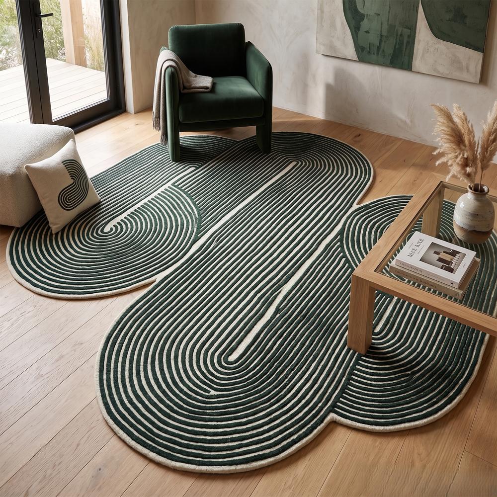 Hand Tufted Dark Green and White Abstract Wool Rug with Irregular Organic Shape and Raised Linear Pattern for Modern Home Decor