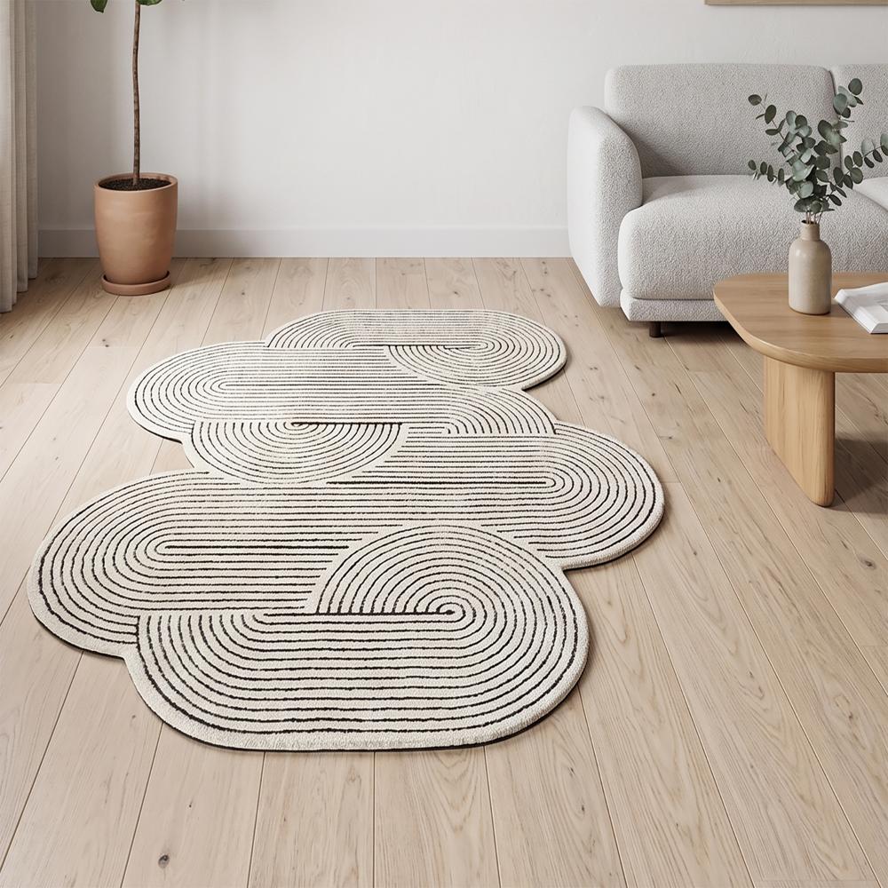 Hand Tufted Black And White Abstract Wool Rug With Irregular Organic Shape And Raised Linear Pattern For Modern Home Decor - Backing Material: Canvas Latex