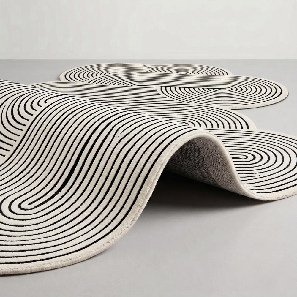 Hand Tufted Black and White Abstract Wool Rug with Irregular Organic Shape and Raised Linear Pattern for Modern Home Decor