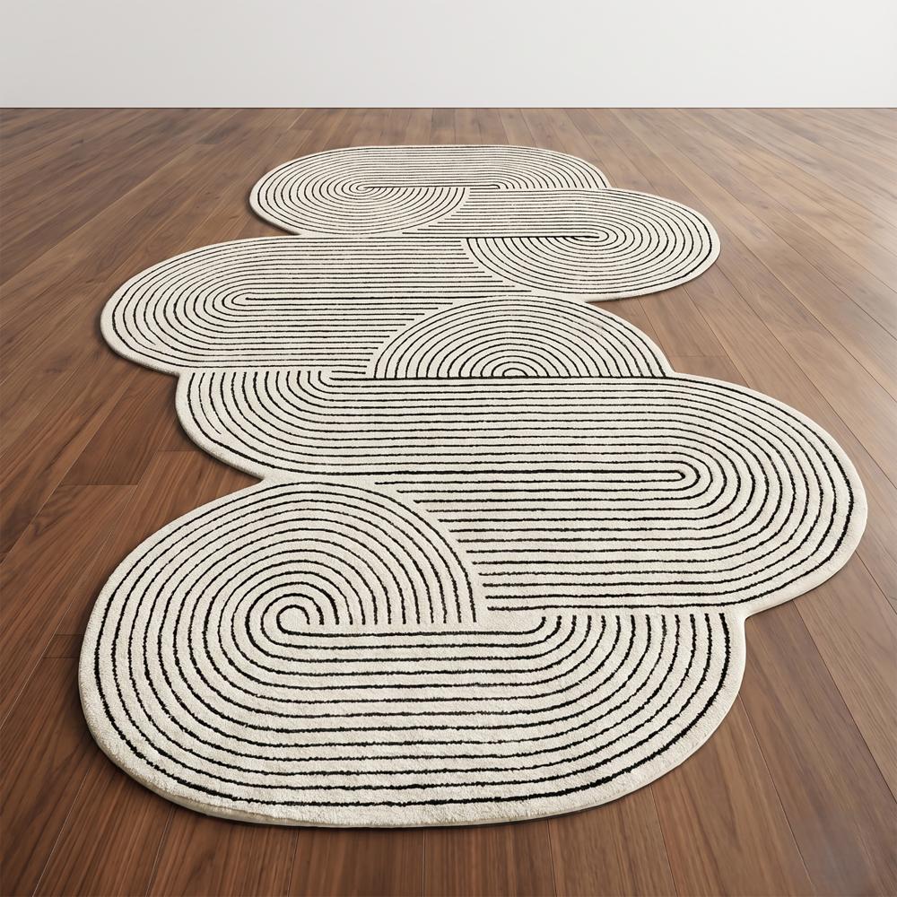 Hand Tufted Black and White Abstract Wool Rug with Irregular Organic Shape and Raised Linear Pattern for Modern Home Decor