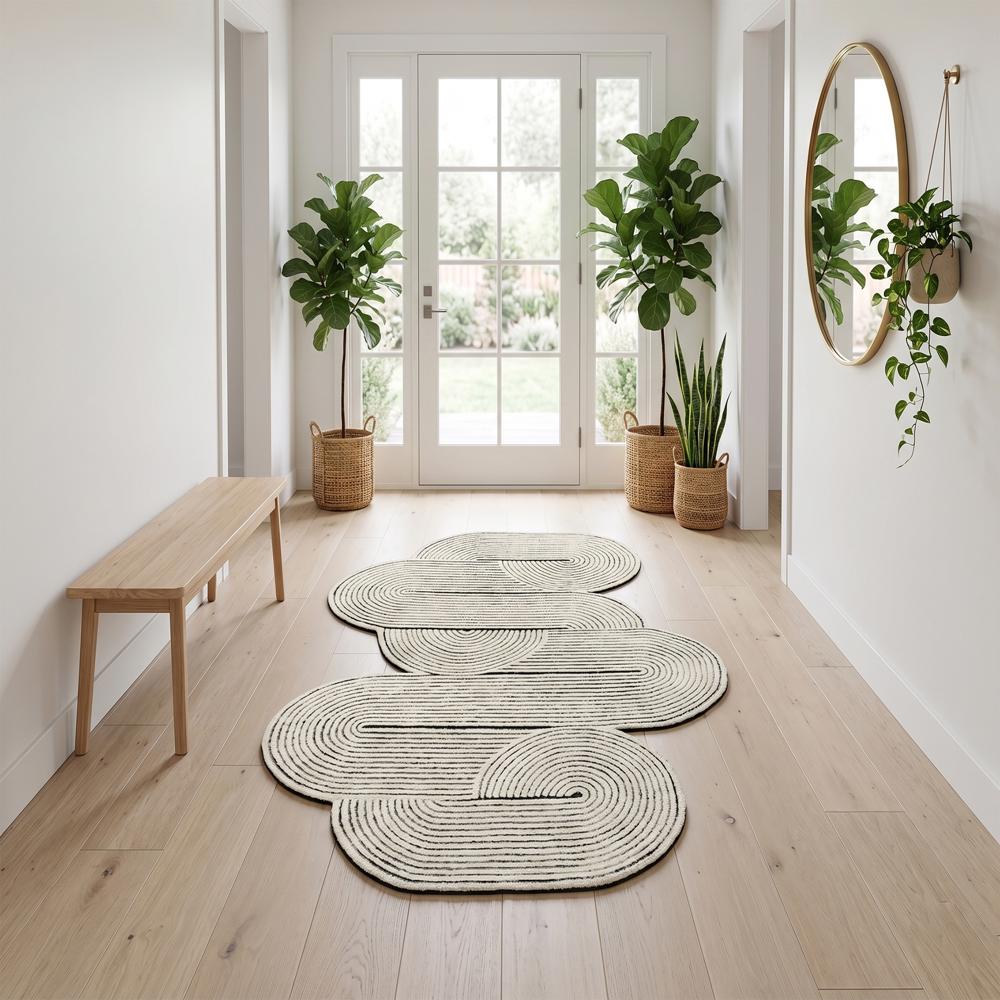 Hand Tufted Black and White Abstract Wool Rug with Irregular Organic Shape and Raised Linear Pattern for Modern Home Decor