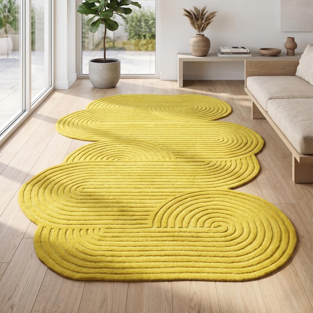 Hand Tufted Lime Green Abstract Rug with Irregular Organic Shape and Raised Linear Pattern for Modern Living Room and Bedroom Decor