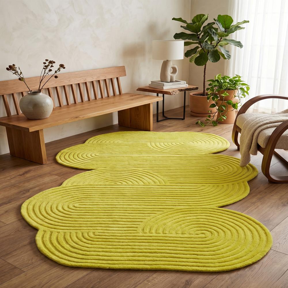 Hand Tufted Lime Green Abstract Rug with Irregular Organic Shape and Raised Linear Pattern for Modern Living Room and Bedroom Decor