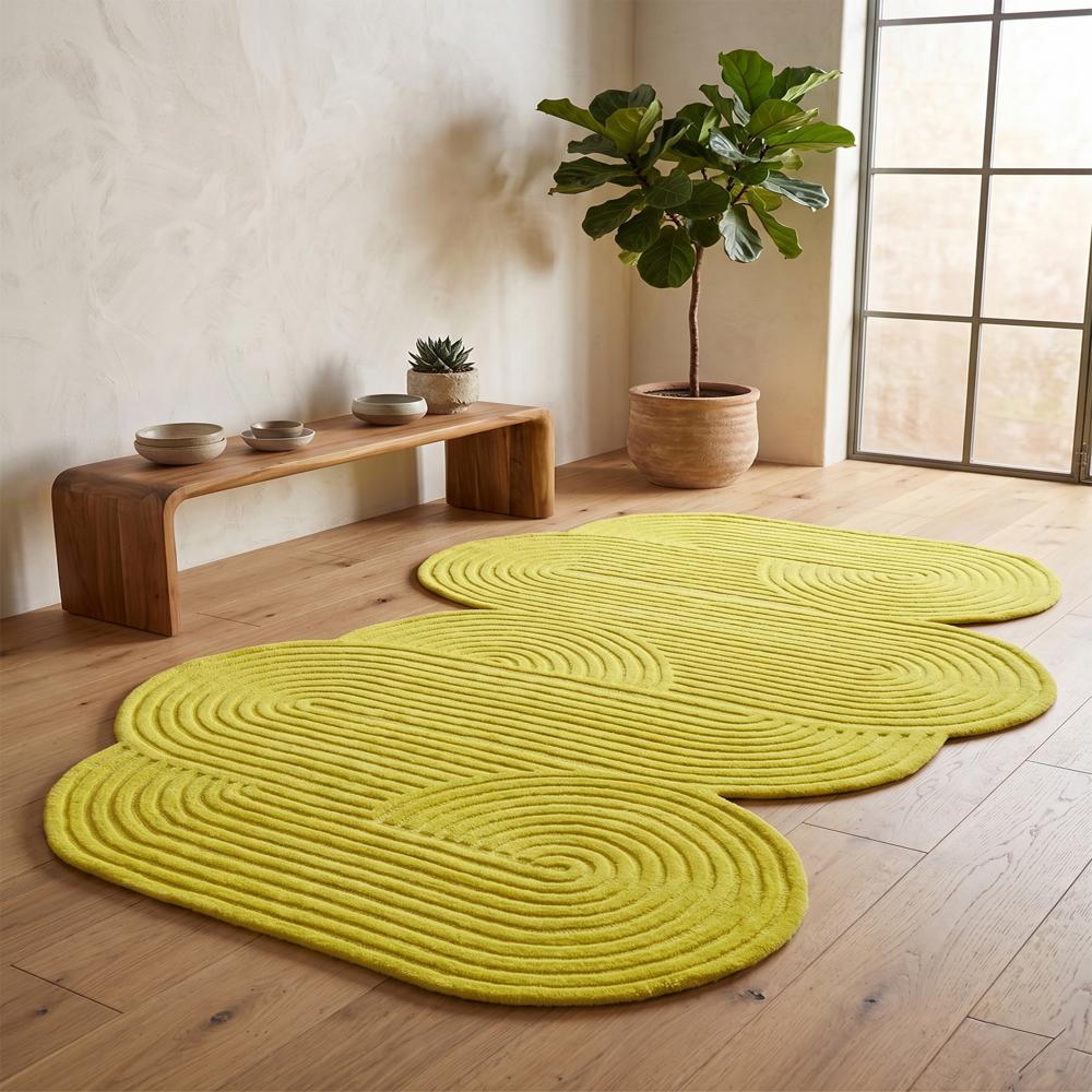 Hand Tufted Lime Green Abstract Rug with Irregular Organic Shape and Raised Linear Pattern for Modern Living Room and Bedroom Decor
