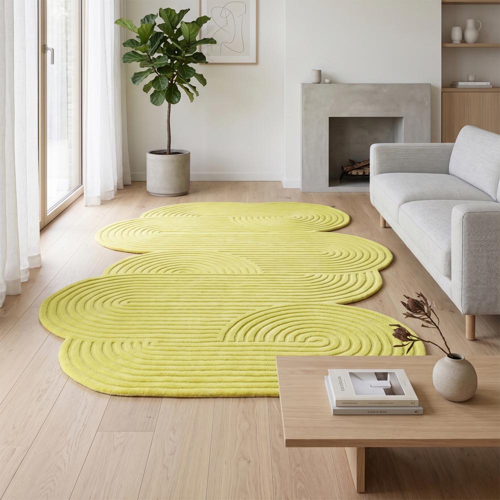 Hand Tufted Lime Green Abstract Rug with Irregular Organic Shape and Raised Linear Pattern for Modern Living Room and Bedroom Decor