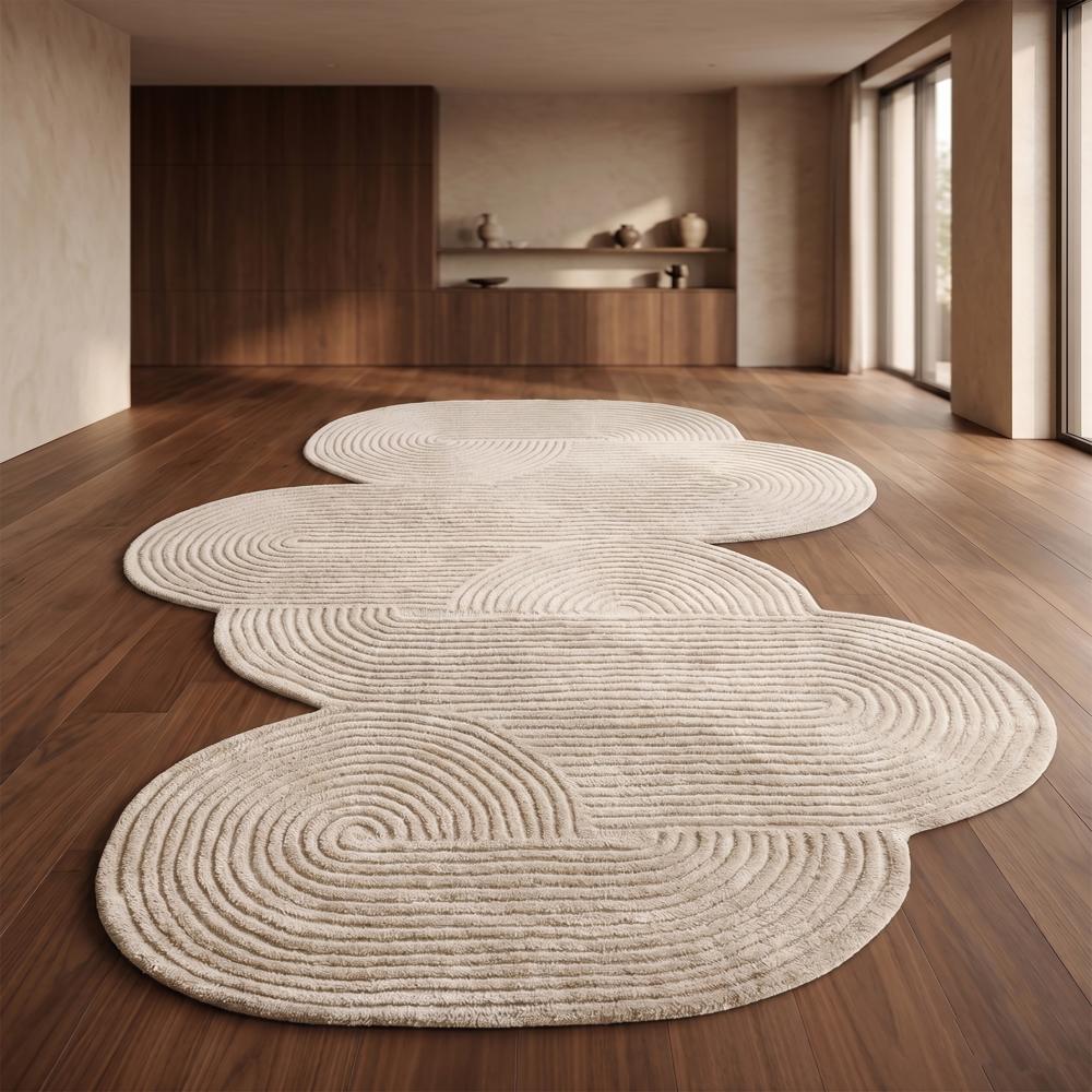 Hand Tufted Cream Beige Abstract Wool Rug with Irregular Organic Shape and Raised Swirl Pattern for Modern Home Decor