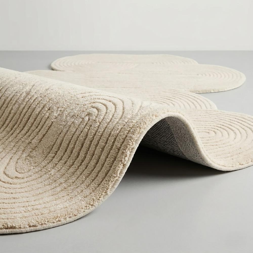 Hand Tufted Cream Beige Abstract Wool Rug with Irregular Organic Shape and Raised Swirl Pattern for Modern Home Decor
