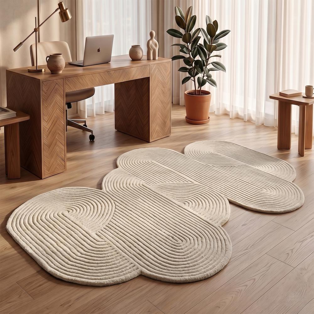 Hand Tufted Cream Beige Abstract Wool Rug with Irregular Organic Shape and Raised Swirl Pattern for Modern Home Decor