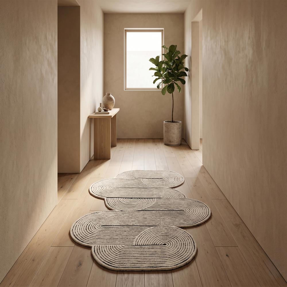 Hand Tufted Cream Beige Abstract Wool Rug with Irregular Organic Shape and Raised Swirl Pattern for Modern Home Decor