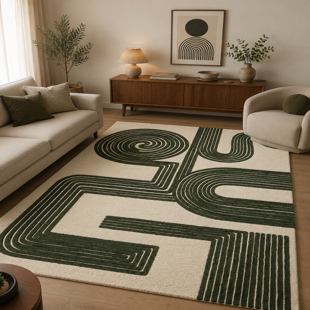 Modern Beige and Black Abstract Tufted Rug