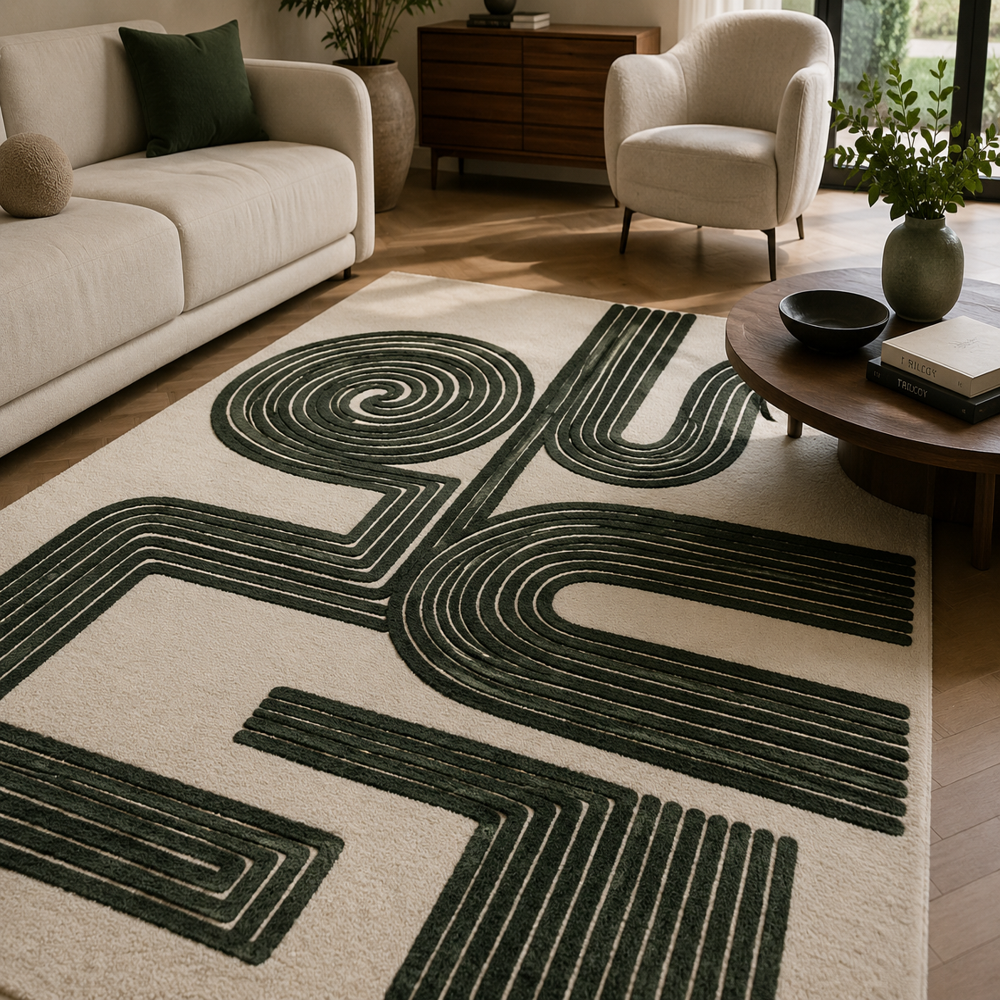 Modern Beige and Black Abstract Tufted Rug