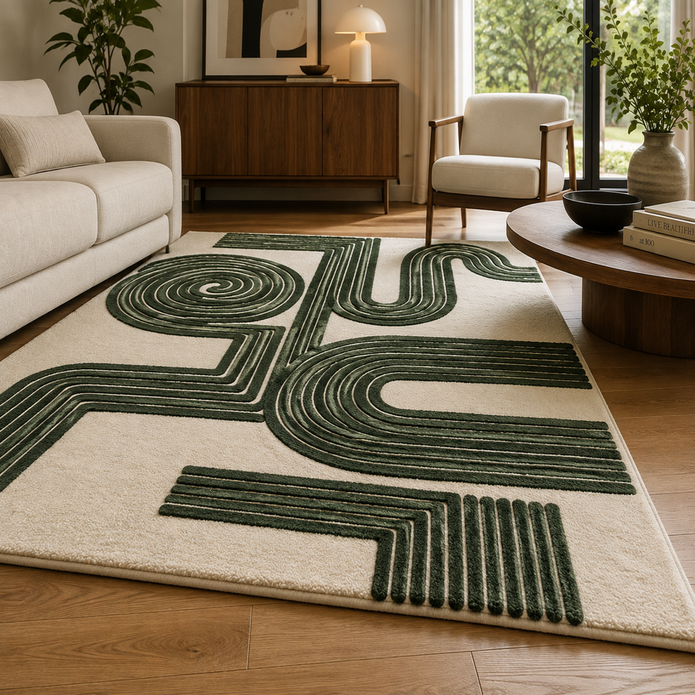 Modern Beige and Black Abstract Tufted Rug