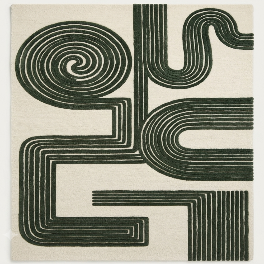 Modern Beige and Black Abstract Tufted Rug
