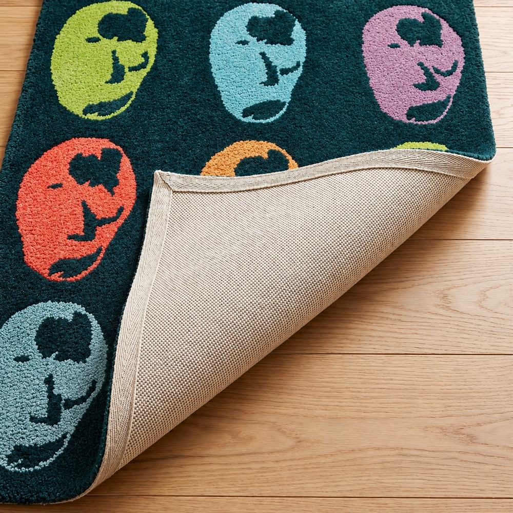 Dark Teal Multicolor Skull Design Hand Tufted Wool Rug for Modern Home Decor