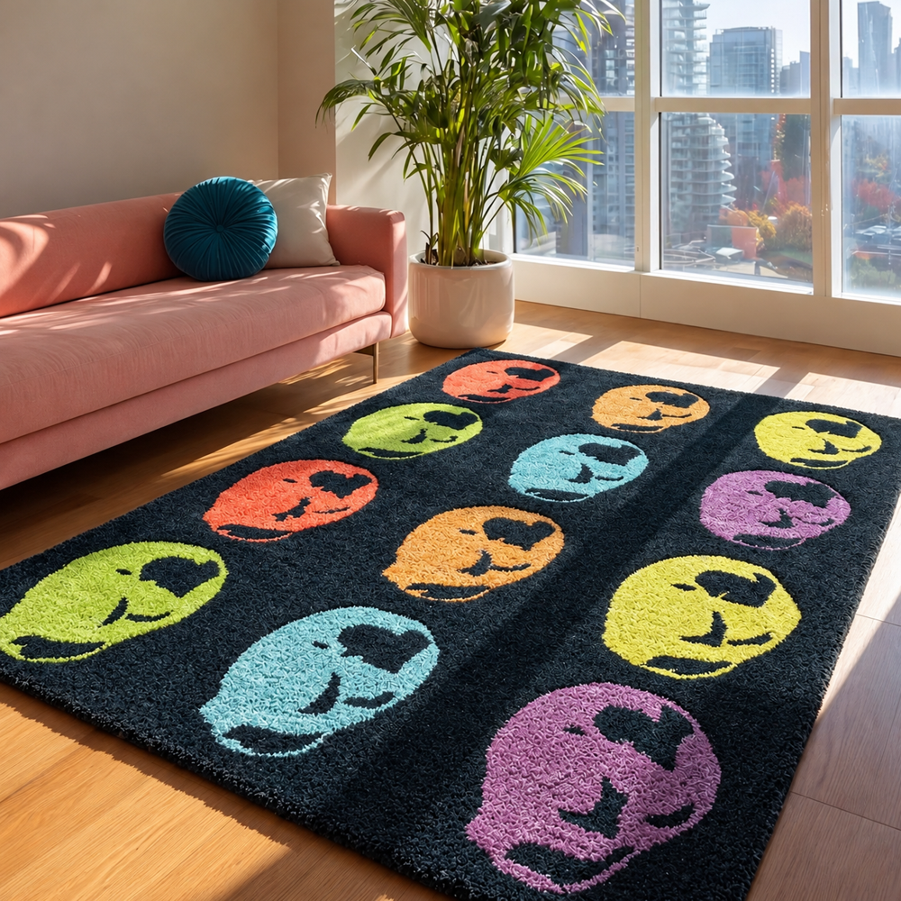 Dark Teal Multicolor Skull Design Hand Tufted Wool Rug for Modern Home Decor
