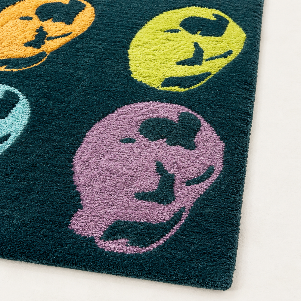 Dark Teal Multicolor Skull Design Hand Tufted Wool Rug for Modern Home Decor