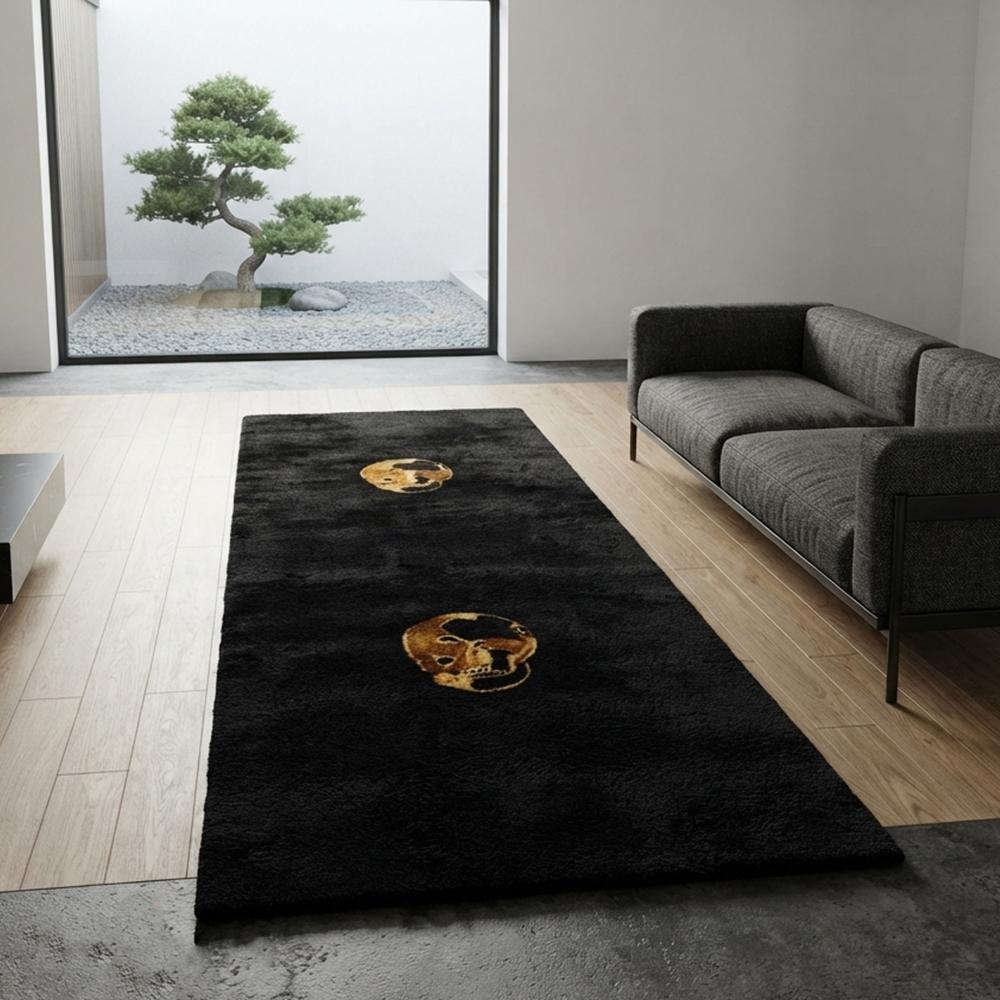 Black Handmade Tufted Rug with Golden Skull Design for Modern Living Room Decor
