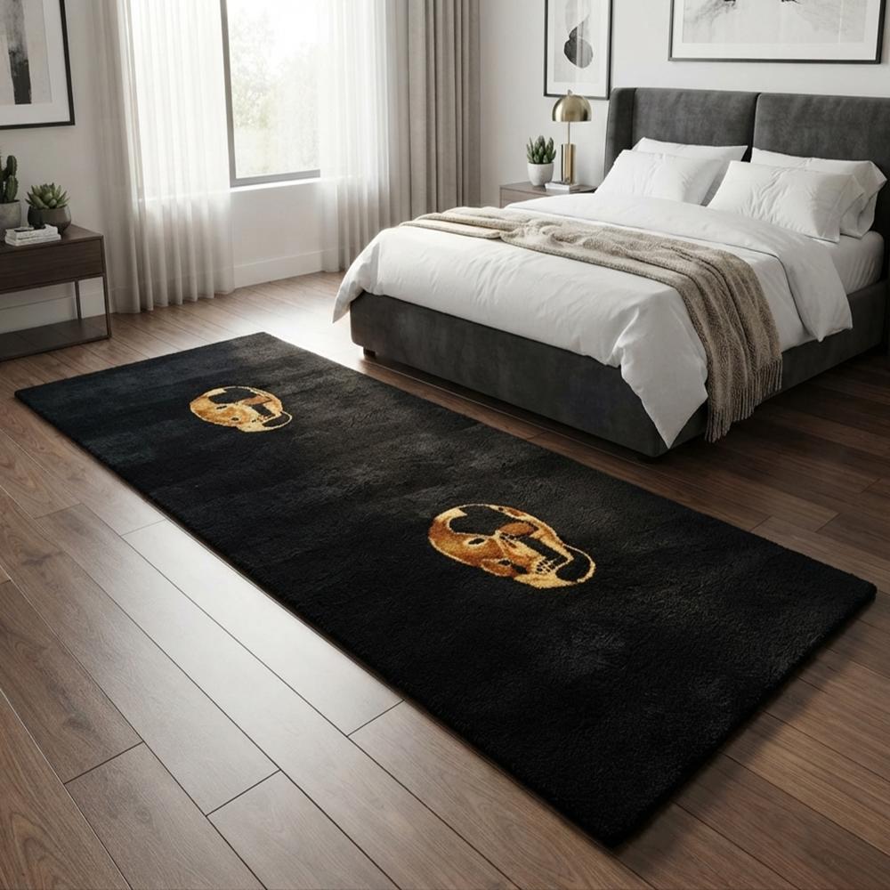 Black Handmade Tufted Rug with Golden Skull Design for Modern Living Room Decor
