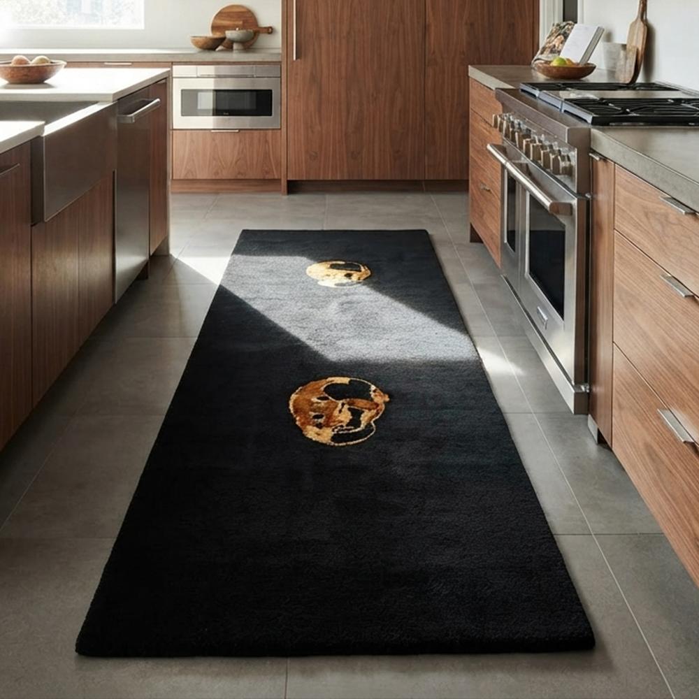 Black Handmade Tufted Rug with Golden Skull Design for Modern Living Room Decor