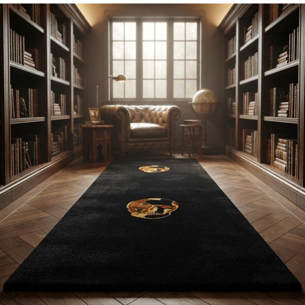 Black Handmade Tufted Rug with Golden Skull Design for Modern Living Room Decor